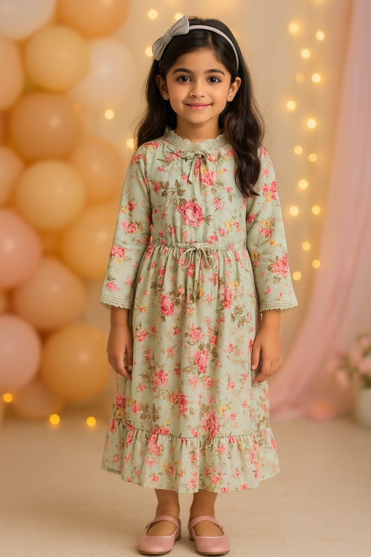 Girls 3/4th Sleeve Floral Print Fit and Flare Frock Dress