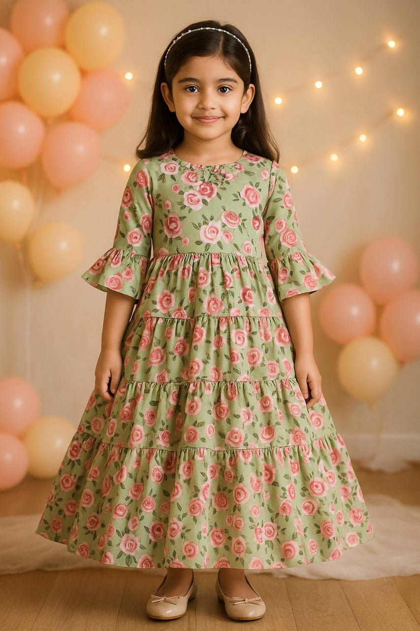 Girls Floral Print Bell Sleeve Fit and Flare Frock Dress