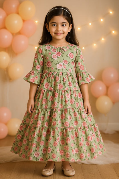 Girls Floral Print Bell Sleeve Fit and Flare Frock Dress