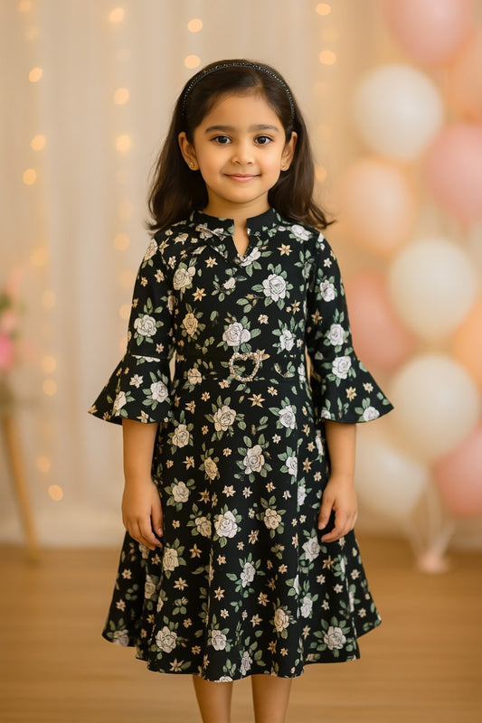 Girls Bell Sleeve Floral Print Fit and Flare Frock Dress