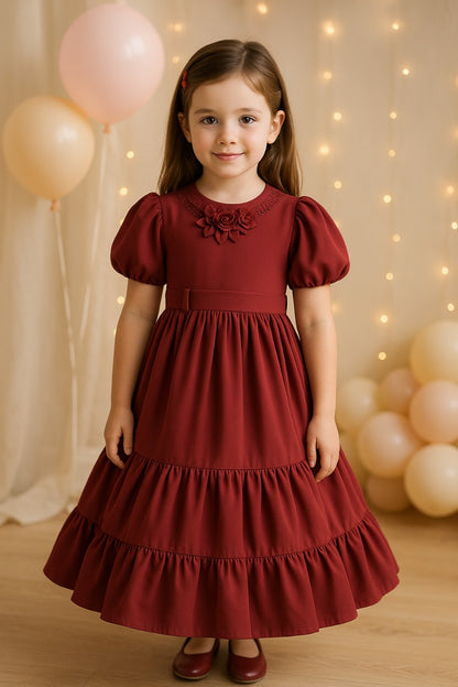 Girls Solid Puff Sleeve Fit and Flare Frock Dress