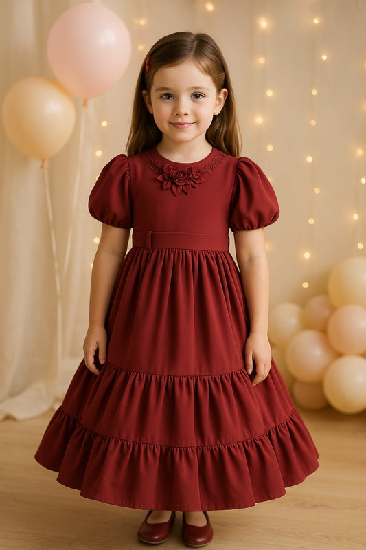 Girls Solid Puff Sleeve Fit and Flare Frock Dress