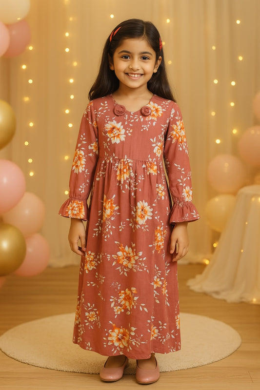 Girls Bell Sleeve Floral Print Fit and Flare Frock Dress