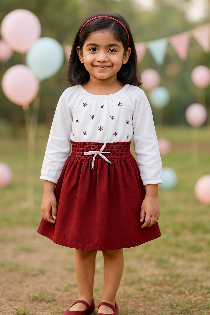 White and Maroon Fit and Flare Dress