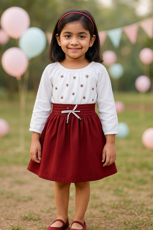 White and Maroon Fit and Flare Dress