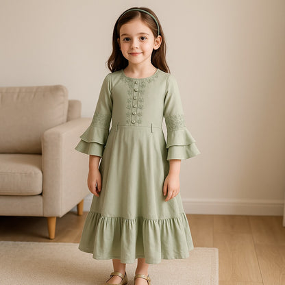 Girls Embroidered Bell Sleeve Fit and Flare Frock Dress