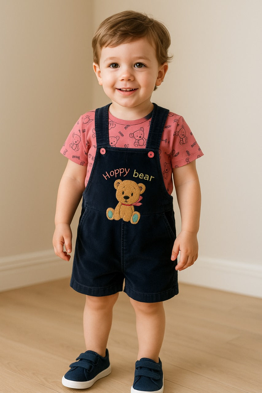 Boys Bear Printed  T-Shirts And Dungaree Set