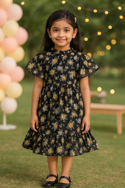 Girls Floral Print Georgette Casual Dress with Flared Sleeves