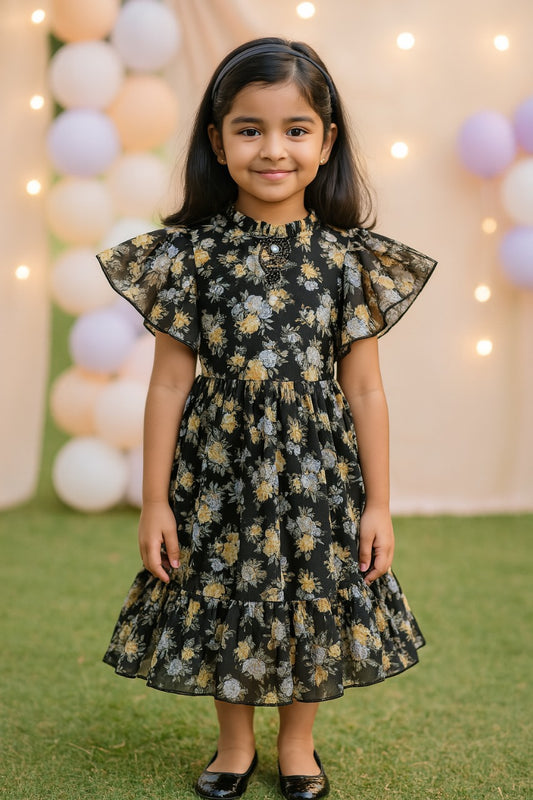 Girls Floral Print Georgette Casual Dress with Flared Sleeves