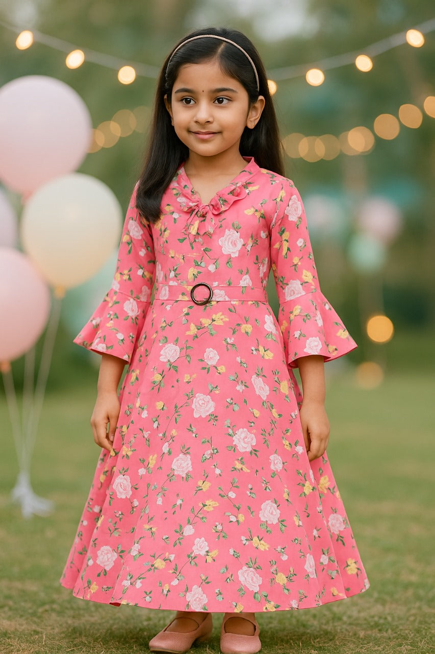 Girls Bell Sleeve Floral Print Fit and Flare Frock Dress