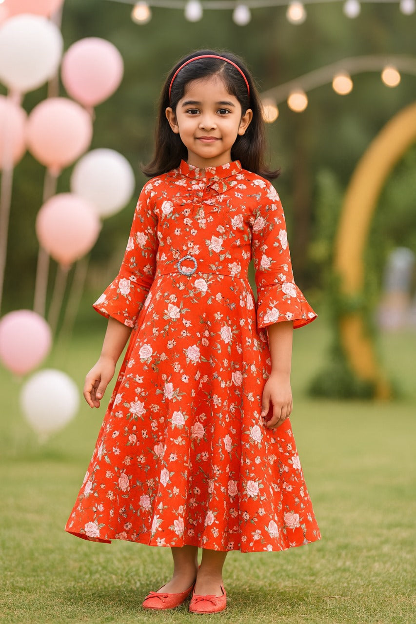 Girls Bell Sleeve Floral Print Fit and Flare Frock Dress