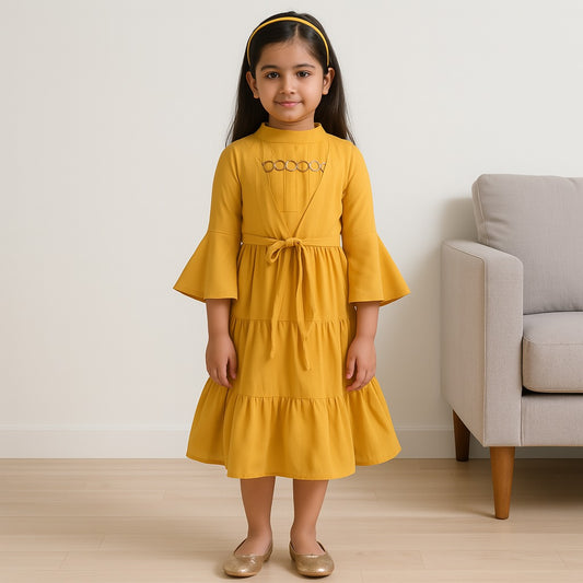 Girls Tiered Casual Dress with Front Waist Tie Up