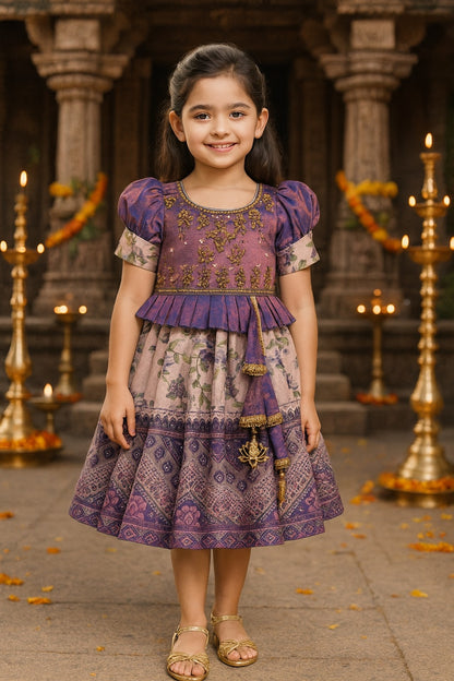 Girls Bead Embellished Printed Silk Ethnic Dress