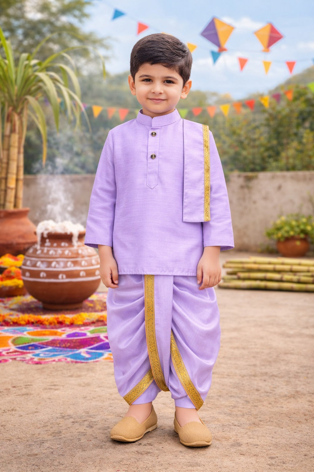 Boys Traditional Art Silk Kurta and Dhoti Set â€“ Gold Detailing