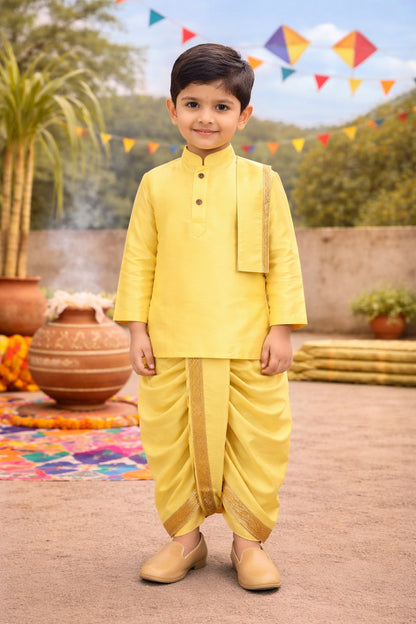Boys Traditional Art Silk Kurta and Dhoti Set â€“ Gold Detailing