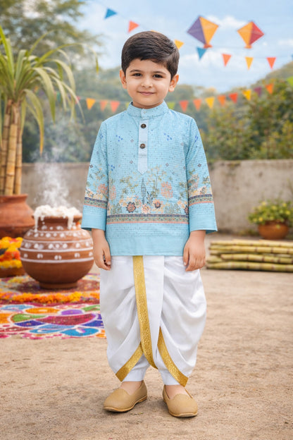 Boys Traditional Printed Art Silk Kurta and Dhoti Set