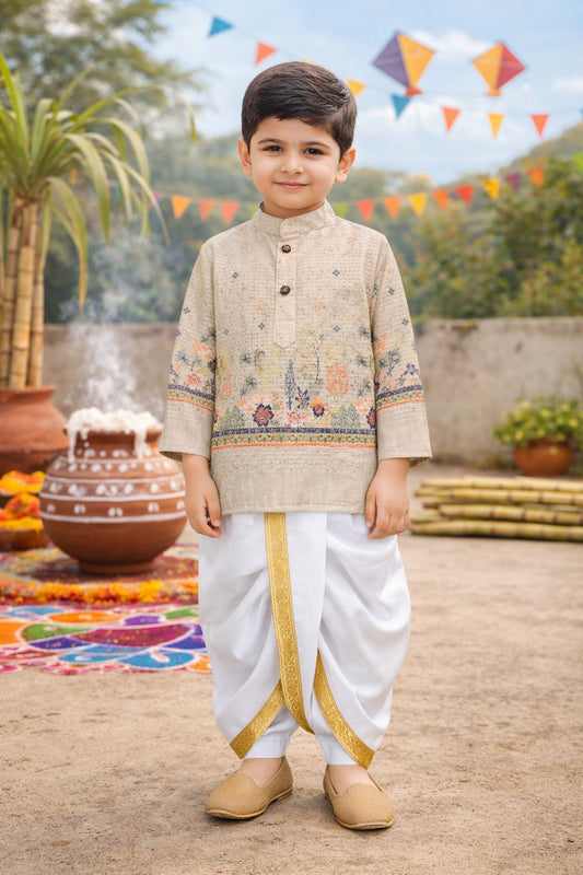 Boys Traditional Printed Art Silk Kurta and Dhoti Set