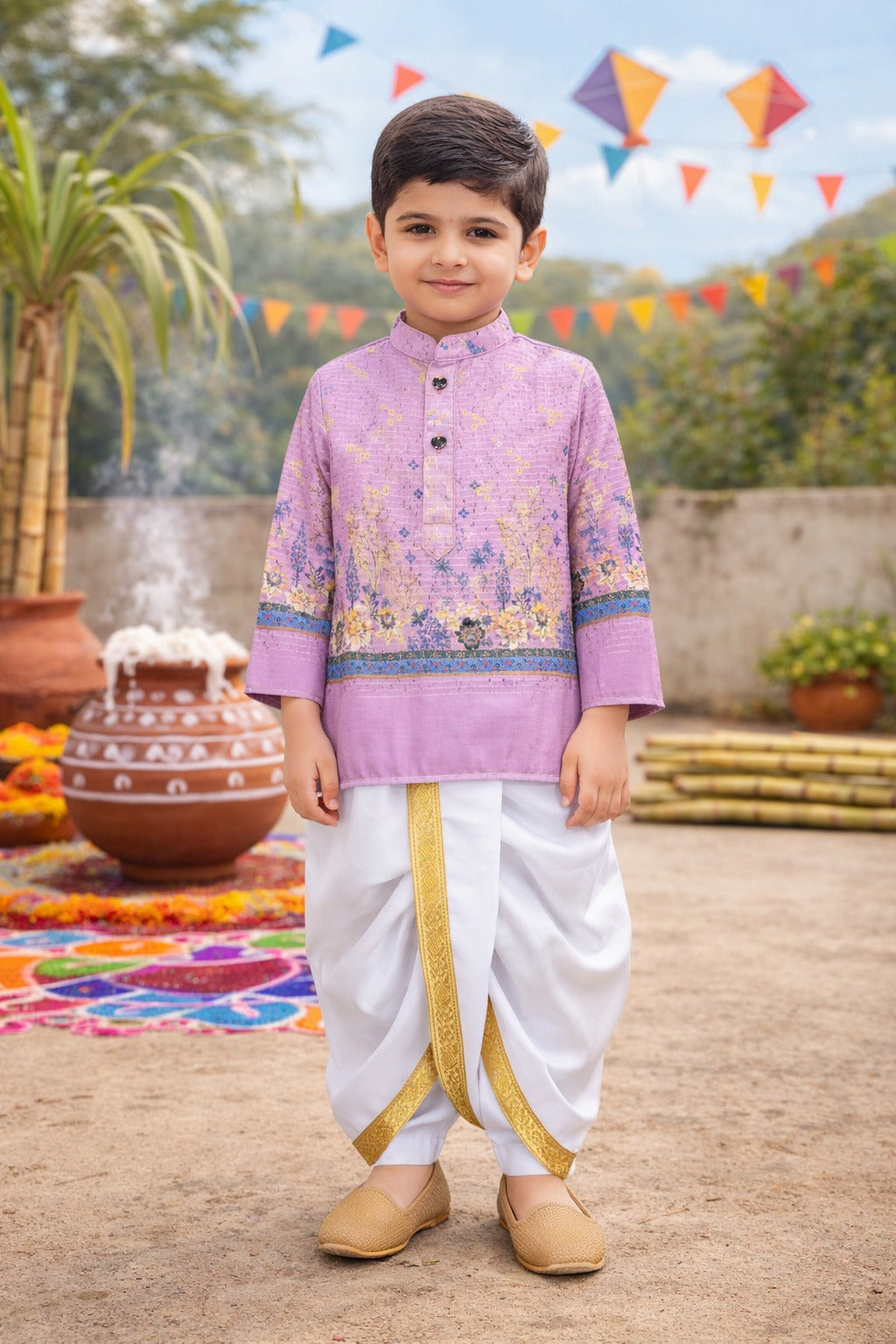 Boys Traditional Printed Art Silk Kurta and Dhoti Set