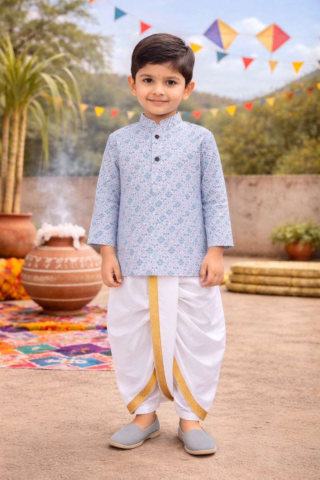 Boys Traditional Printed Art Silk Kurta and Dhoti Set