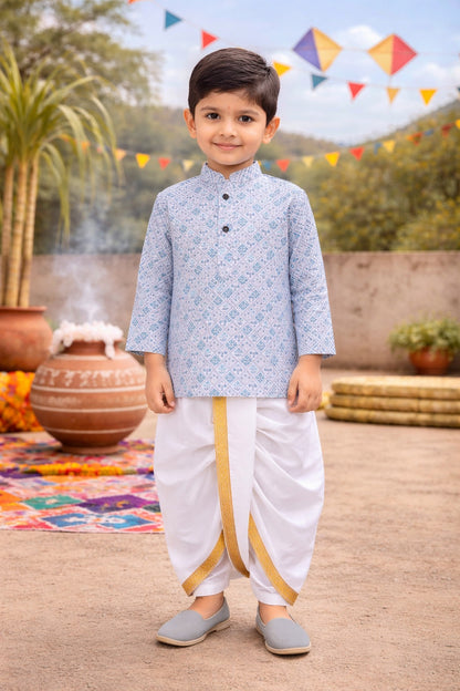 Boys Traditional Printed Art Silk Kurta and Dhoti Set