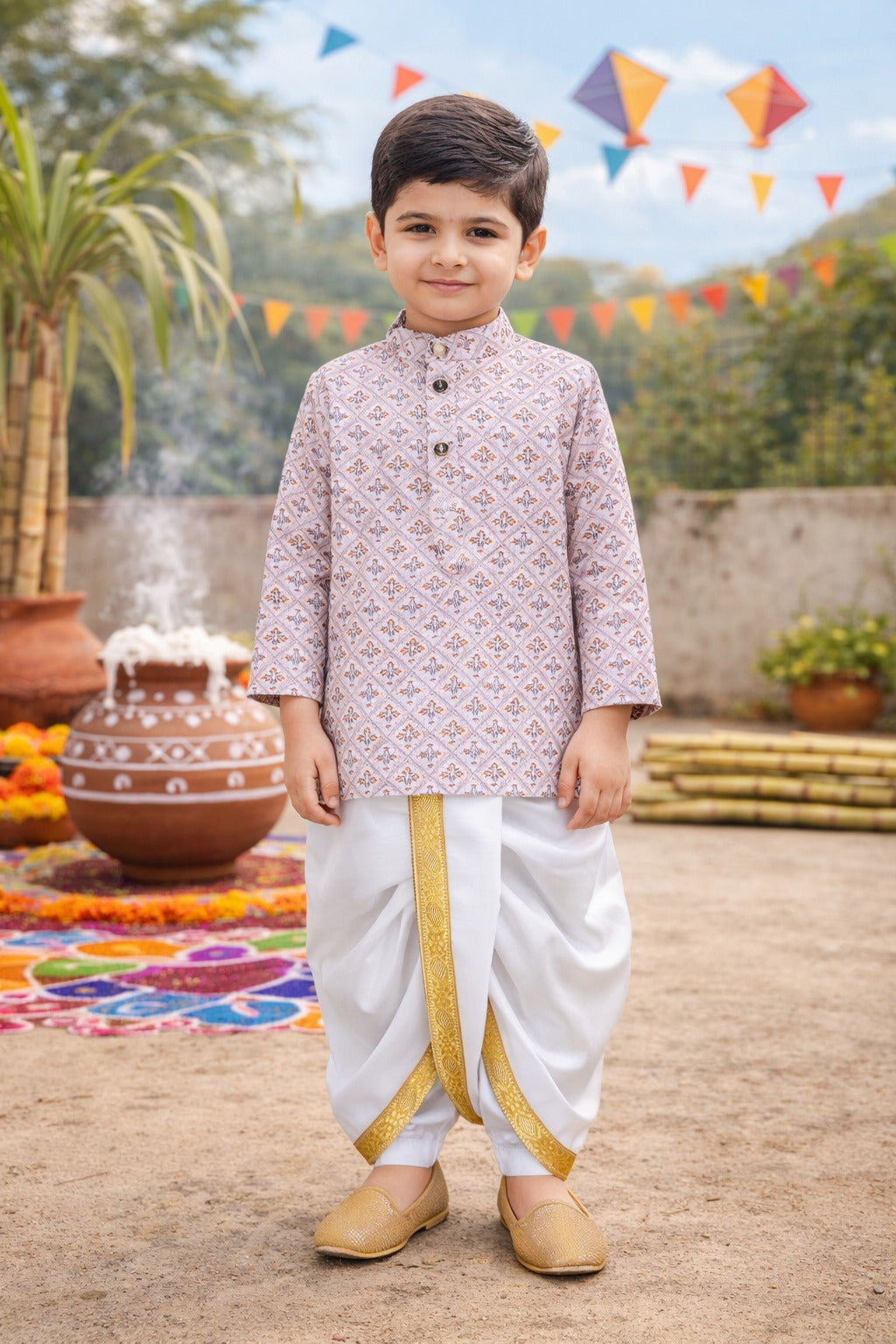 Boys Traditional Printed Art Silk Kurta and Dhoti Set