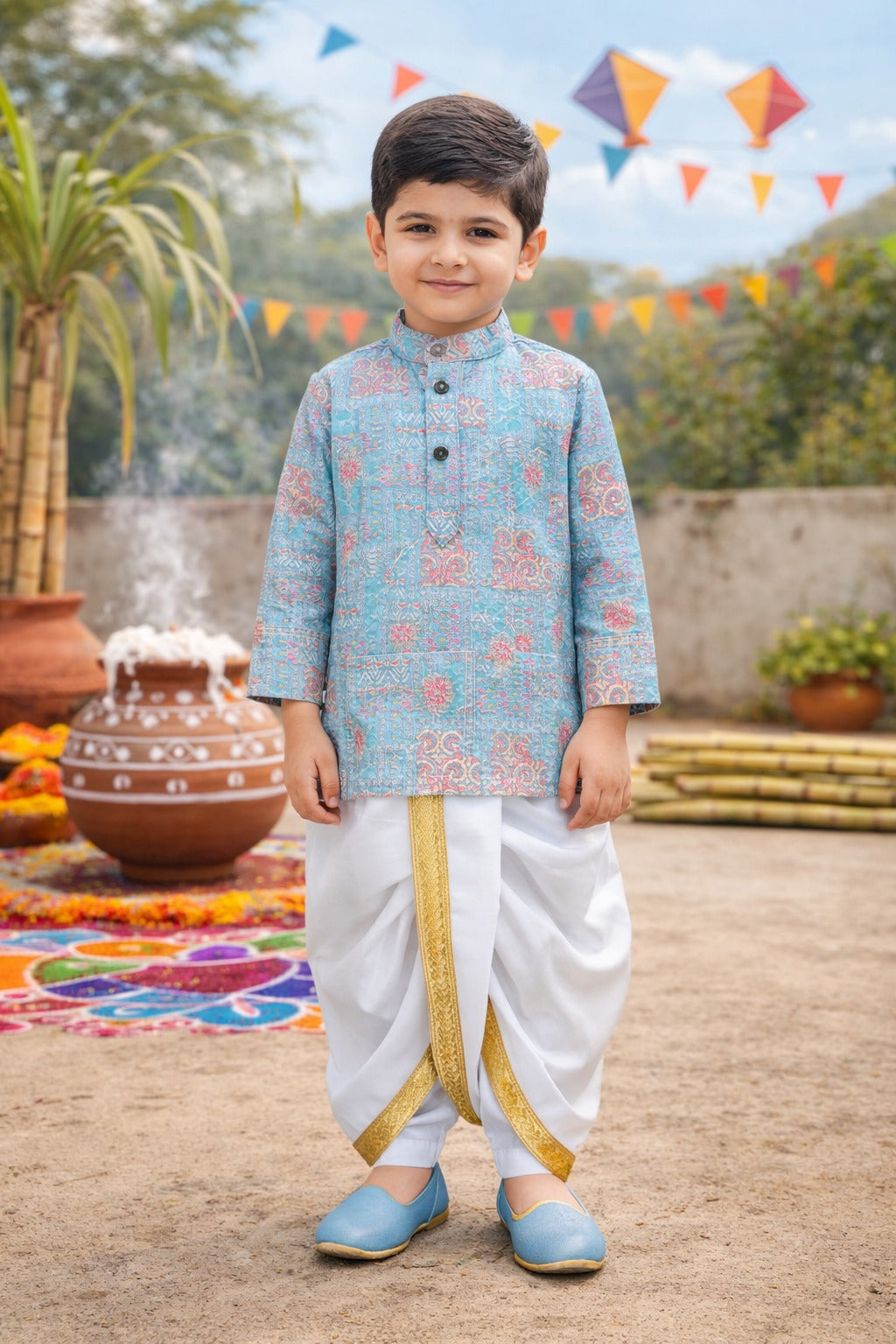 Boys Traditional Printed Art Silk Kurta and Dhoti Set