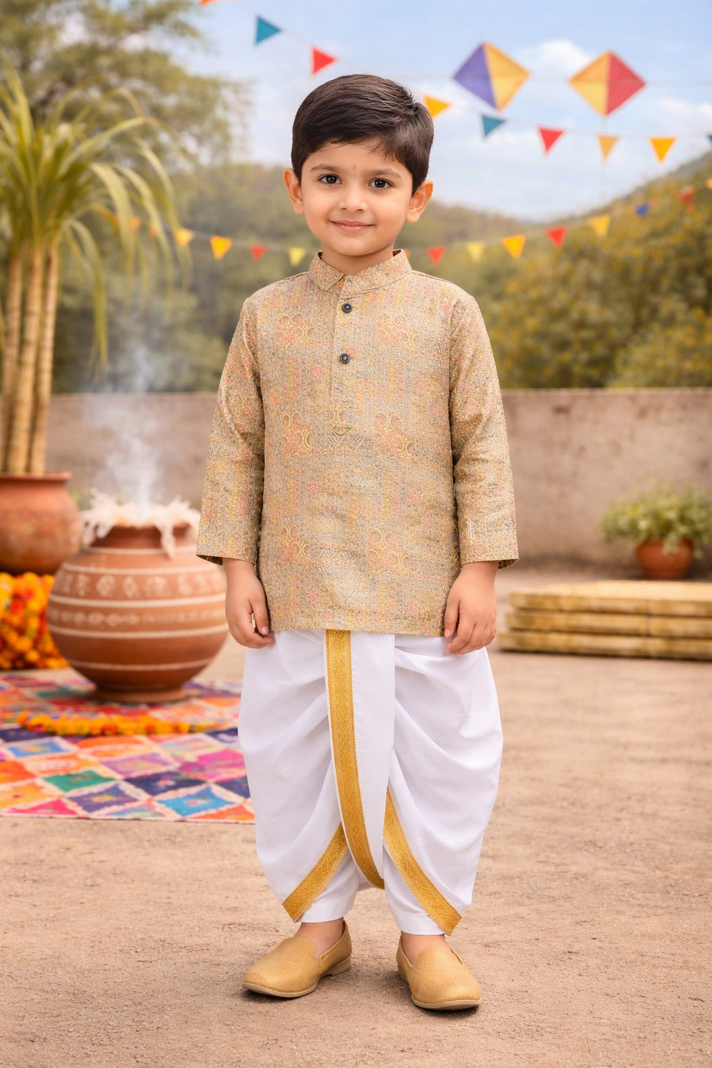 Boys Traditional Printed Art Silk Kurta and Dhoti Set
