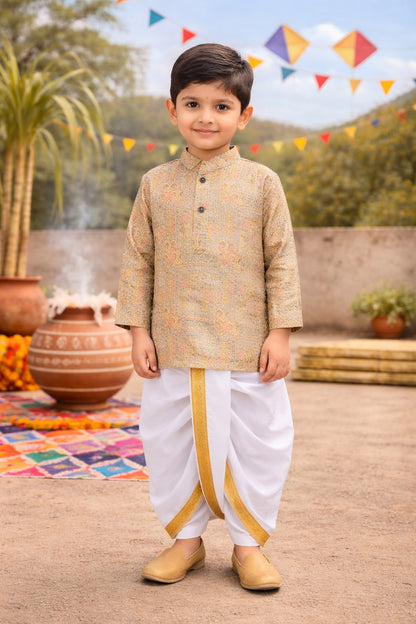Boys Traditional Printed Art Silk Kurta and Dhoti Set
