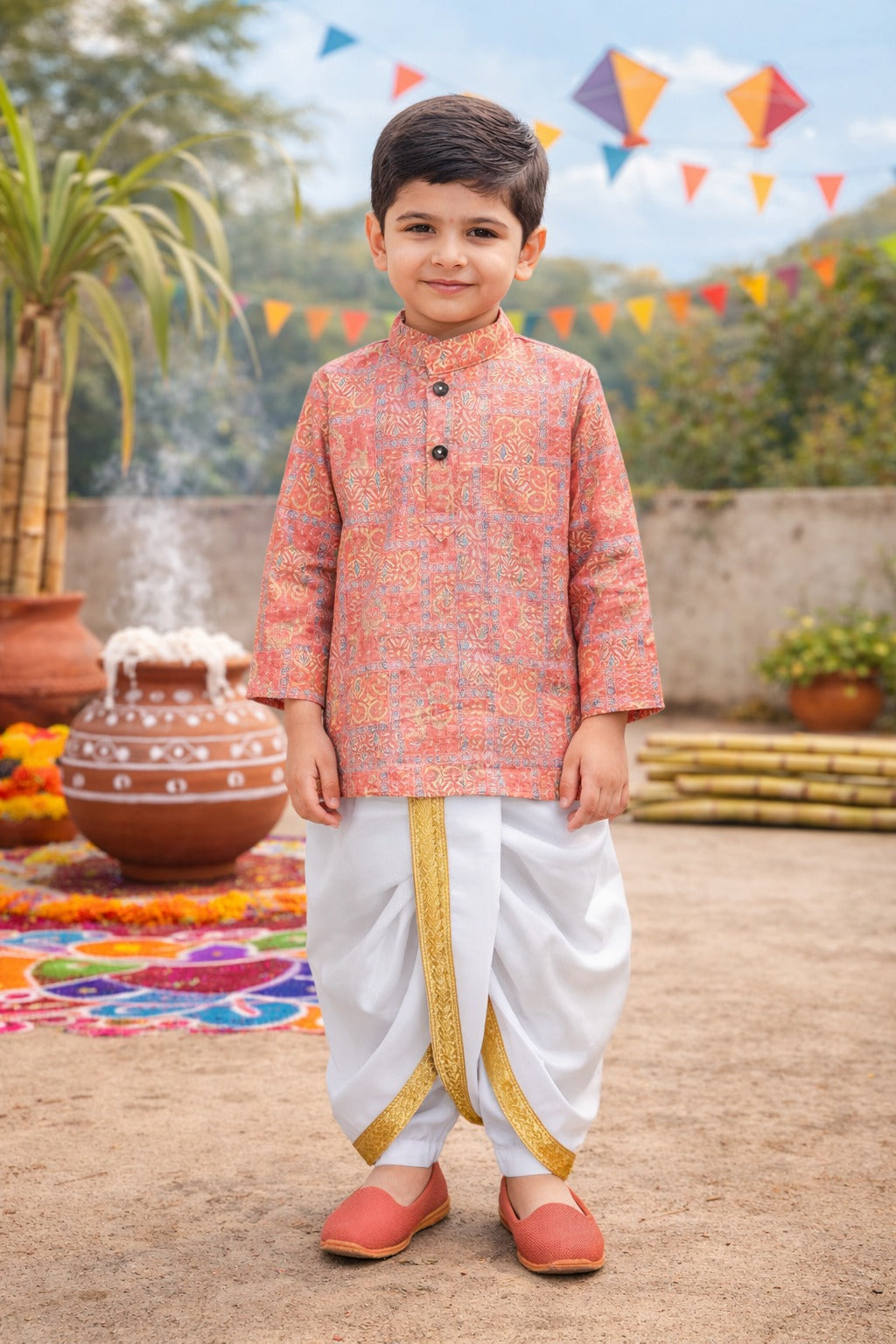 Boys Traditional Printed Art Silk Kurta and Dhoti Set