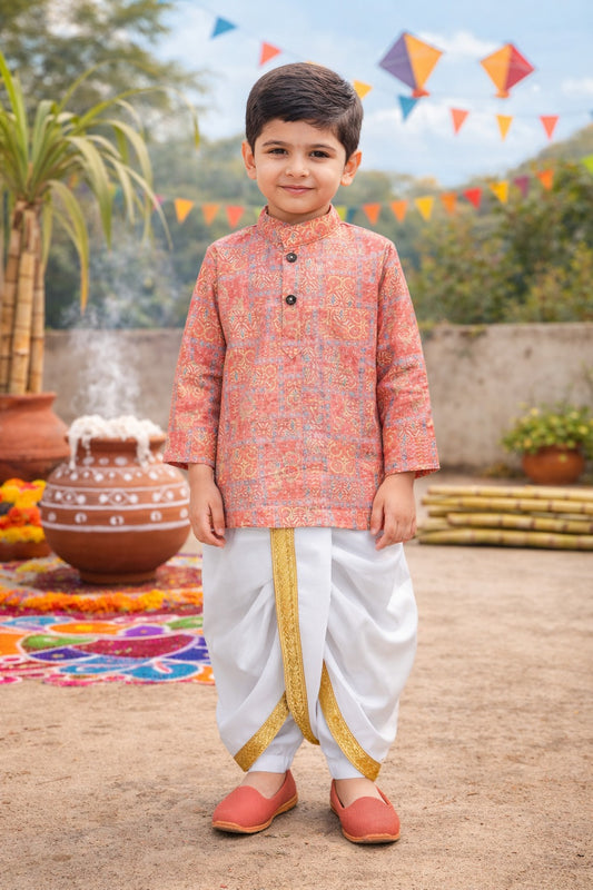 Boys Traditional Printed Art Silk Kurta and Dhoti Set