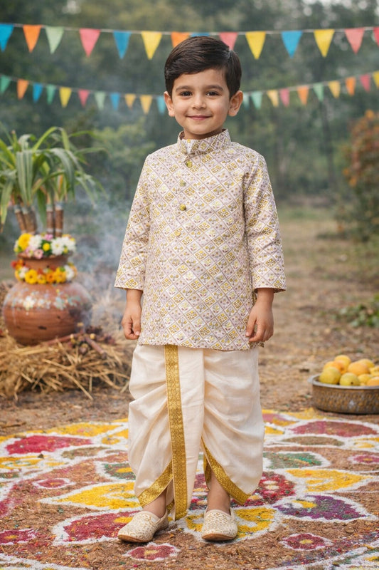 Boys Traditional Printed Art Silk Kurta and Dhoti Set