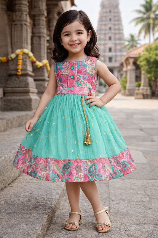 Girls Floral Zari Sequin Flared Dress