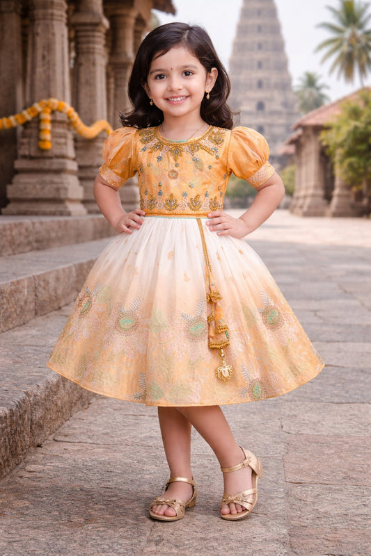 Girls Satin Party Wear Frock with Puff Sleeves & Floral Embroidery Knee Length