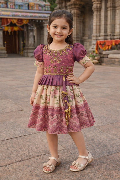 Girls Bead Embellished Printed Silk Ethnic Dress - 1