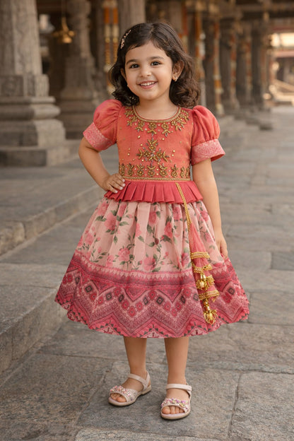 Girls Bead Embellished Printed Silk Ethnic Dress - 1