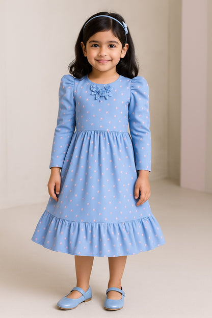 Girls Printed Flared Casual Dress with Puff Sleeves