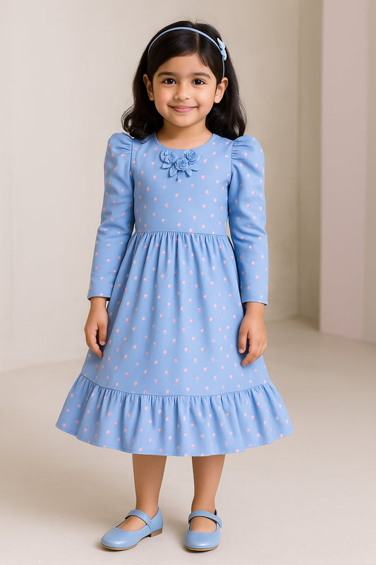Girls Printed Flared Casual Dress with Puff Sleeves