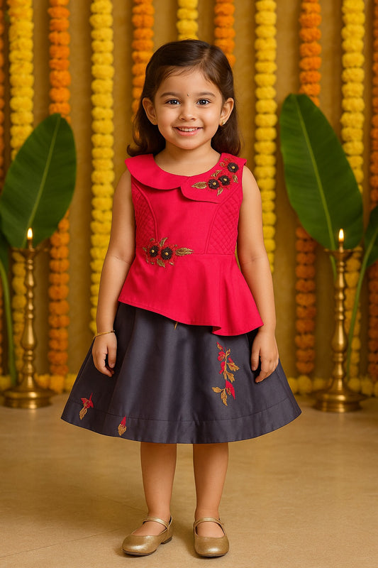 Girls Floral Embroidered Layered Ethnic Dress