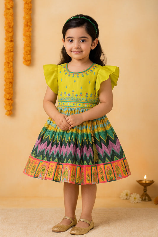 Girls Ethnic Printed and Embroidered Dress