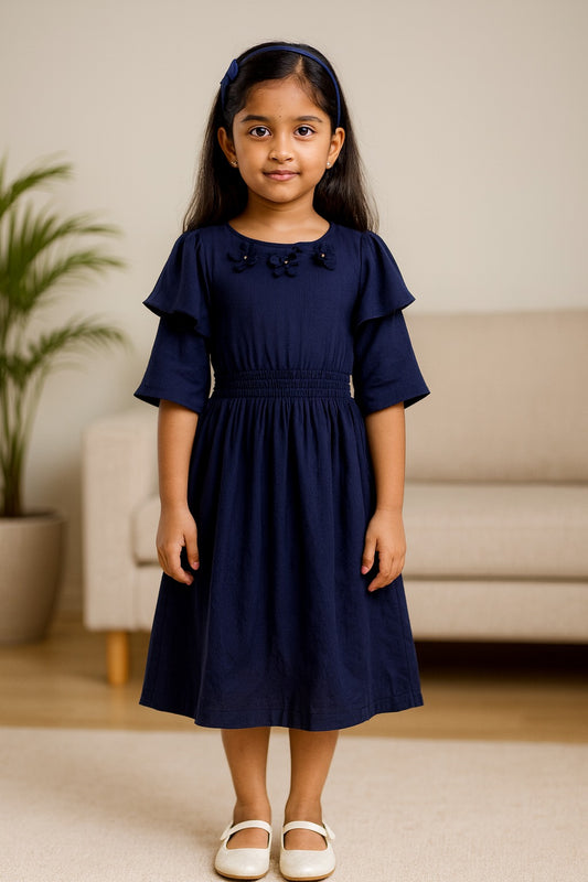 Girls Floral Applique Solid Flared Casual Dress