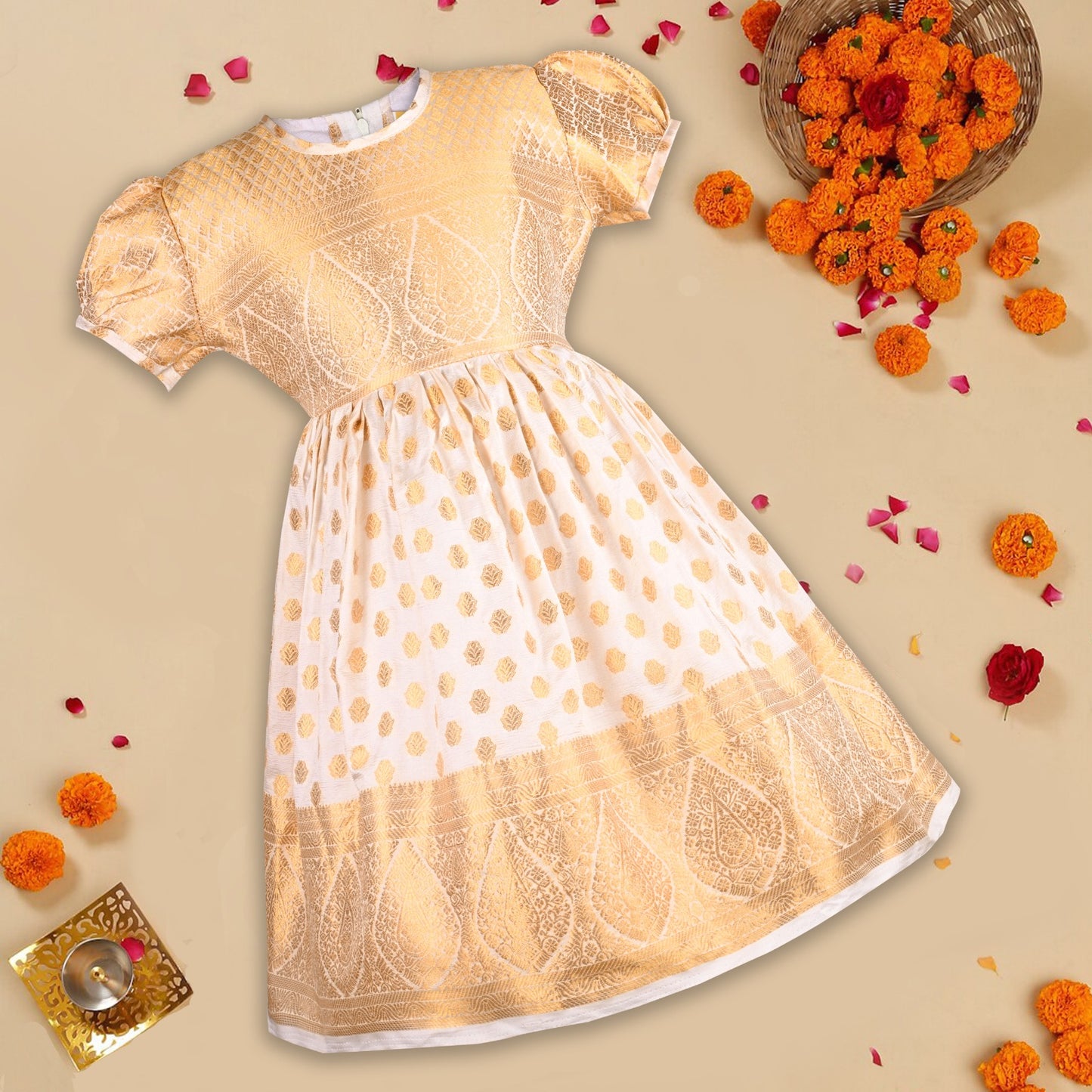 Baby Girls Golden Zari Pleated Onam Frock Dress