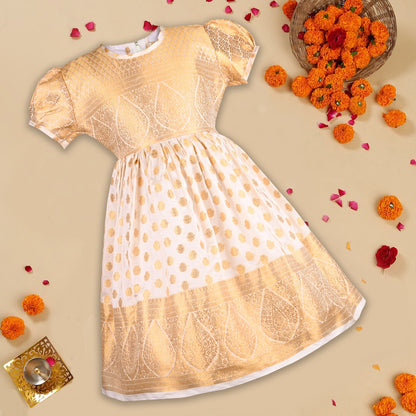 Baby Girls Golden Zari Pleated Onam Frock Dress