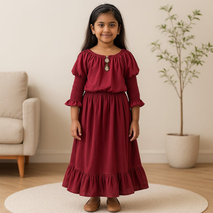 Girls Solid Off-Shoulder Tiered Casual Dress