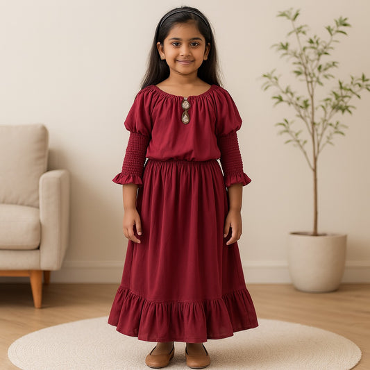 Girls Solid Off-Shoulder Tiered Casual Dress