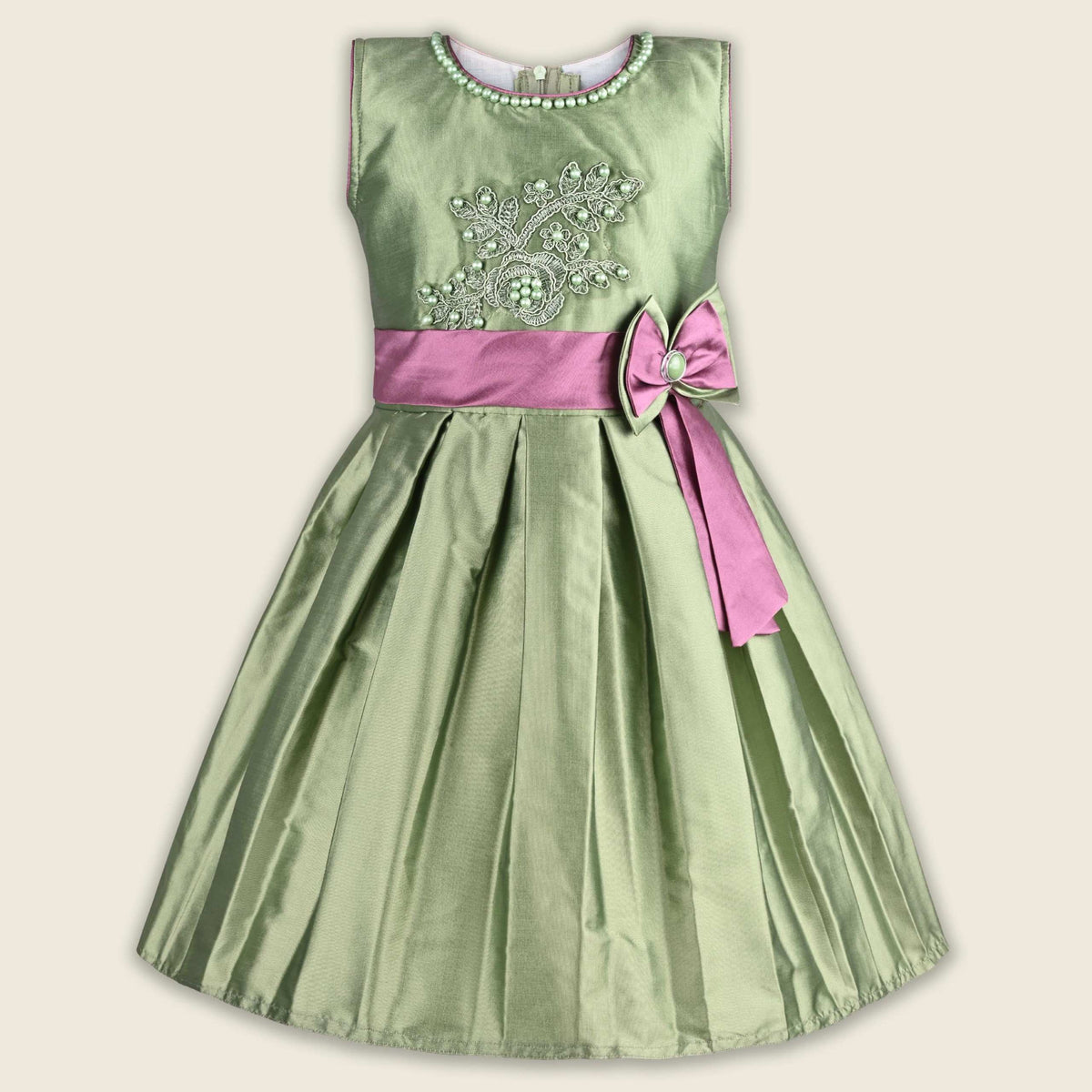 Girls Pleated Bow Pearl Embellished Party Dress