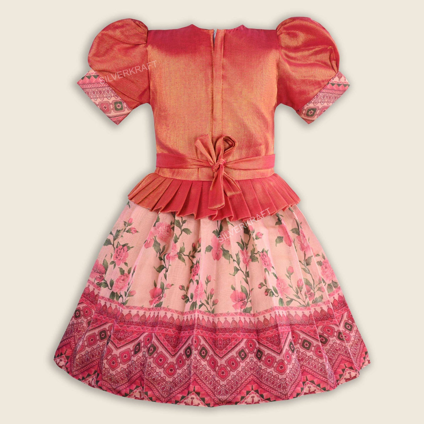 Girls Bead Embellished Printed Silk Ethnic Dress