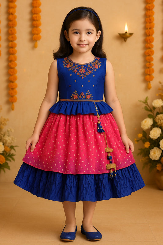 Girls Beaded Embellished Ruffle Waist Layered Ethnic Dress
