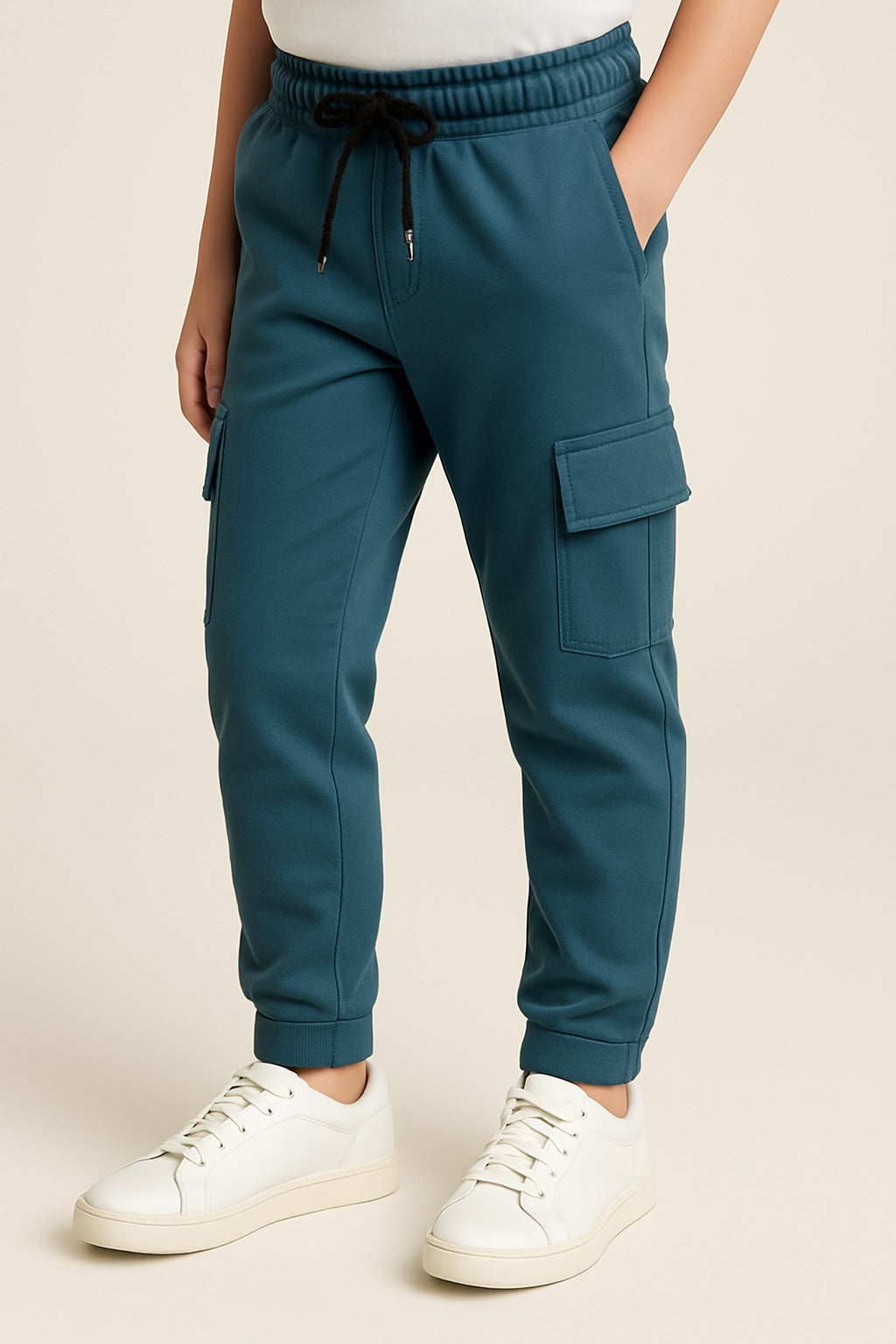 Boys Solid Cotton Cargo Trousers With Drawstrings