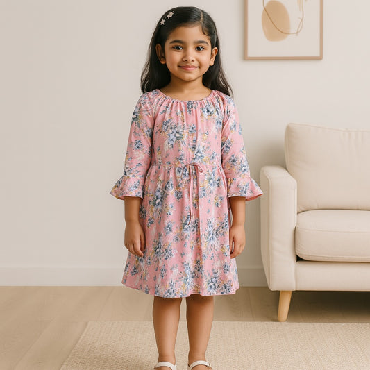 Girls Floral Printed Georgette Pleated Casual Dress