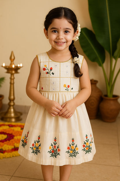 Girls Floral Embroidered Ethnic Dress for Onam